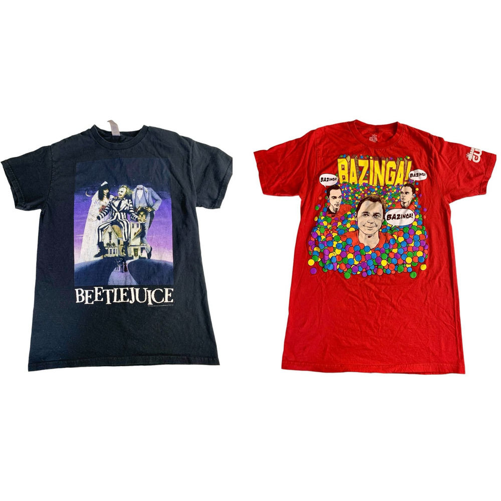 2 Short Sleeve Graphic Logo Shirts Beetlejuice Black ; Big Bang Theory Red Small